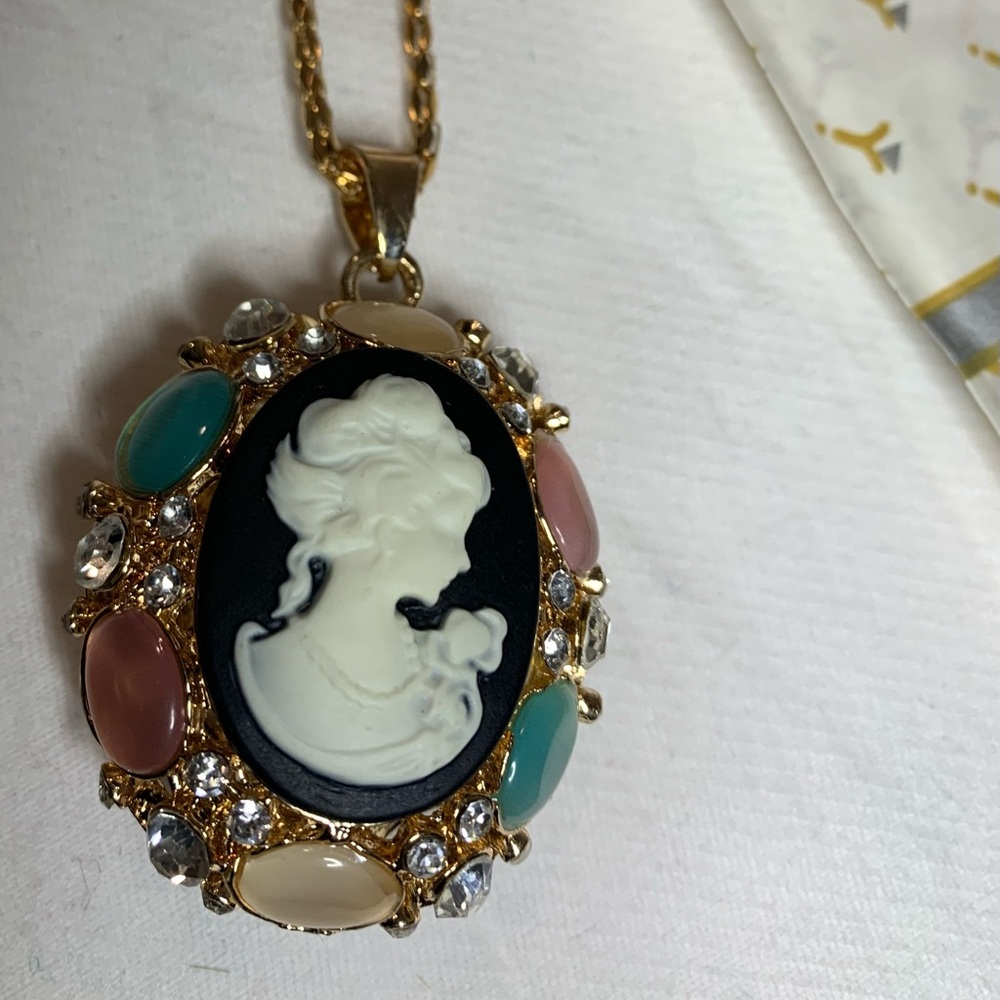 Chain and cameo pendant.